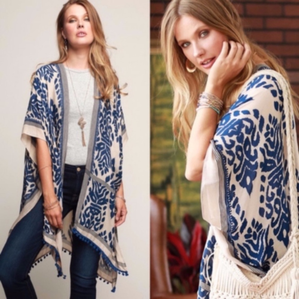 Boho gypsy print Pom Pom hem Kimono - blue - Picture 3 of 3